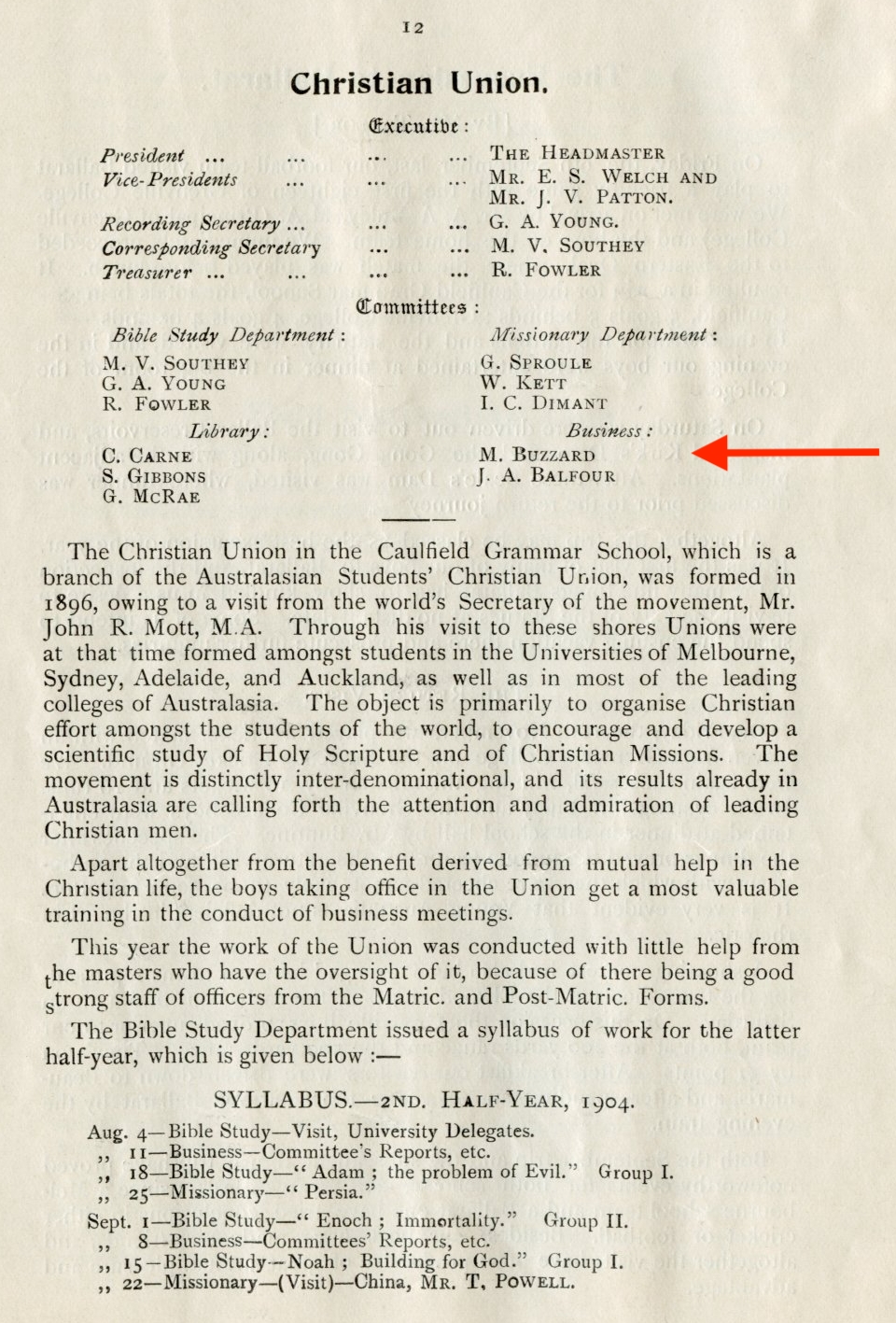1904 Speech Day Christian Union Report
